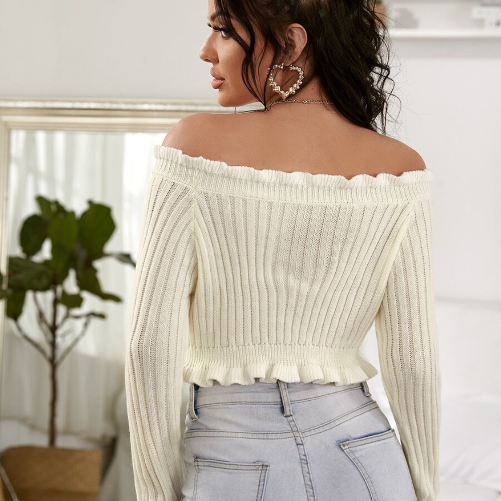 boho chic ribbed off shoulder sweater top - Picture 3 of 4